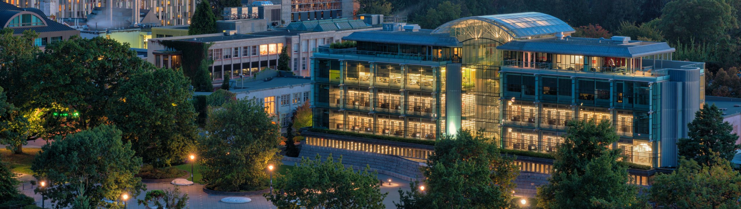 Aerial photo of a large glass building at the UBC Vancouver campus